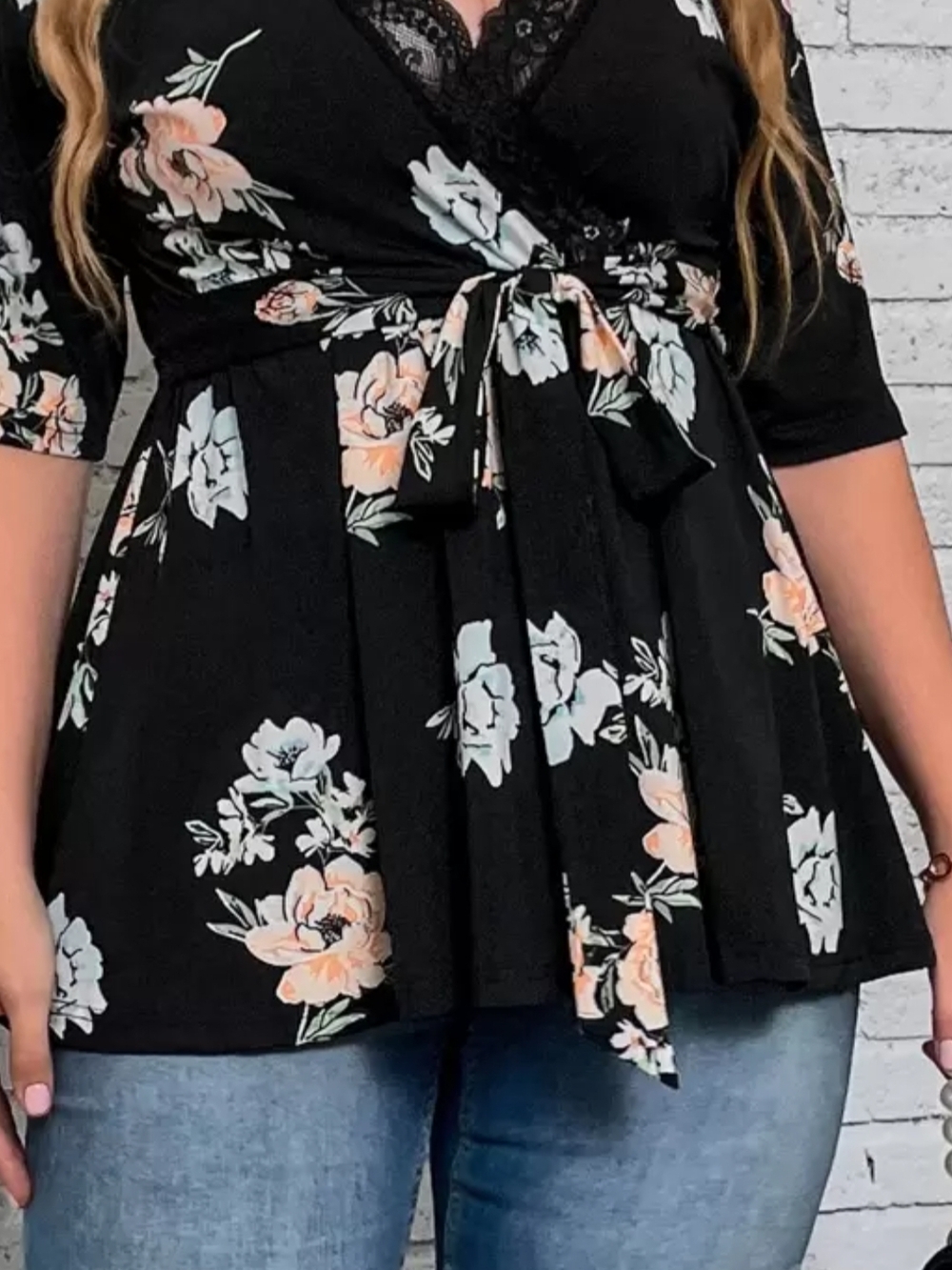 SHEIN Black Floral Wrap Tie-Front Peplum Top